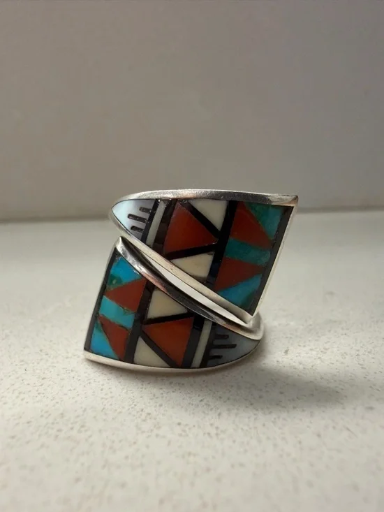 Antique Zuni Inlay Sterling Wrap Ring - Picture 1 of 2